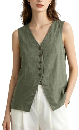 Amazhiyu Gilet da donna 100% lino, casual, scollo a V, senza maniche, con bottoni, Verde, L