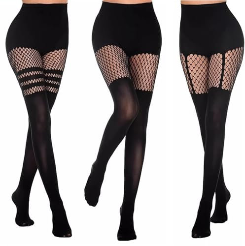 3 Stück Damen Halterlose Strümpfe, Damen Netzstrumpfhosen mit Hoher Taille Gemusterte Blickdichte Fischnetz Strumpfhosen, Schwarz Blickdichte Overknee Strümpfe Fischnetz Strumpfhose