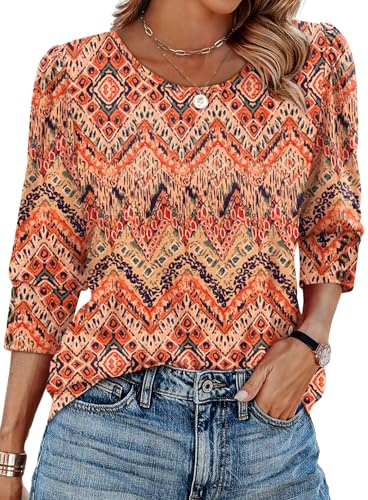 Aokosor Ladies Tops for Womens 3/4 Sleeve Tops Ladies Blouses Crew Neck Puff Sleeve Tunic Fashion T Shirt Button Sleeve Boho Floral Size 22-24