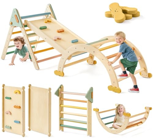 Tiny Land Pikler Triangle Set,7-in-1 Foldable Montessori Toddler Climbing Toys Indoor, Wooden Playground Jungle Gym for Kids, Climber Gift for Boys & Girls Toddler Climbing Toys (Morandi)