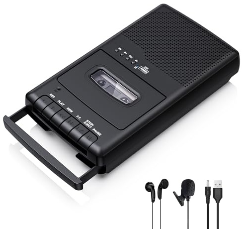 Reproductor Portable Cassette, Portable USB Cassette Player Recorder with Standalone Microphone, Built-in Speaker, Headphone Output, Carry Handle, Black