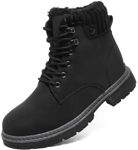 VTASQ Walking Boots Womens Winter Ankle Waterproof Fur Lined Leather Walking Lace Up Zipper Lightweight Outdoor Ladies Warm Shoes Non Slip Mid Calfs Black-1 4.5UK