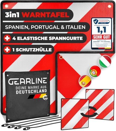 GEARLINE® 3-in-1 Warntafel für Italien, Spanien & Portugal [inkl. 4X Spanngurte & Schutzhülle] – ideal zur optischen Kennzeichnung bei Reisen – reflektierendes Warnschild für Heckträger [50x50 cm]