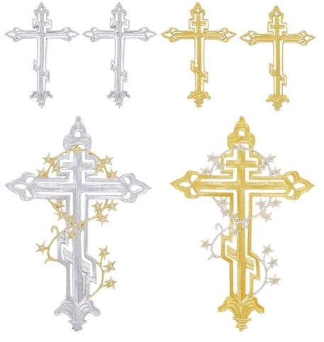 HOBBIESAY 6 pezzi di applicazioni a croce da applicare con ferro da stiro o da cucire, con croce ricamata, colore oro e argento, 2 misure (14,2 x 10,1 cm/28,5 x 19 cm)