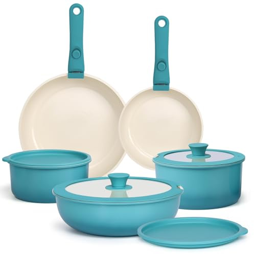GiPP Set de Casseroles et Poêles en Antiadhésif - 11 Pièces Poele Induction avec Poignee Amovible, Sans Produits Toxiques, Tous Feux Lot, Four et Lave-vaisselle, Dégradé Bleu