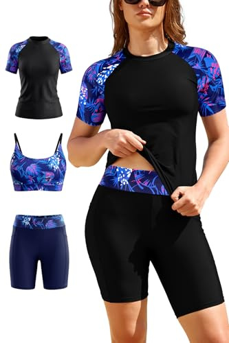 SHEKINI Womens 3-Piece Rash Guard Set Swimwear UPF50+ Black Print 01,M