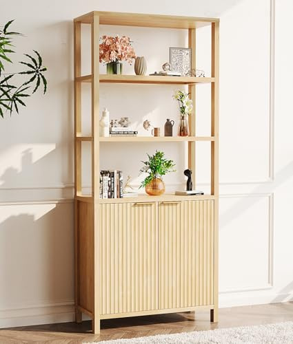 LALAHO 6-Tier Wooden Bookcase with Grille Doors, Modern Book Shelf Floor Standing Display Cabinets with Adjustable Shelves for Living Room & Bedroom Furniture, Oak Color, 78.5x35.5x180.5