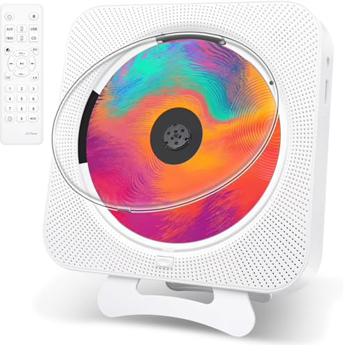 Bärbar CD-spelare med Bluetooth, Canareen skrivbord/väggmonterad CD-spelare för hem, liten musik CD-spelare med högtalare fjärrkontroll dammskydd FM radio LCD-skärm AUX hörlursuttag USB, vit