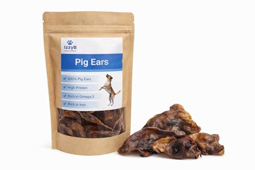 IzzyB Pet Products Large Pig’s Ears Dog Chews – 100% Natural Long-Lasting Treats | High Protein | Pack of 4