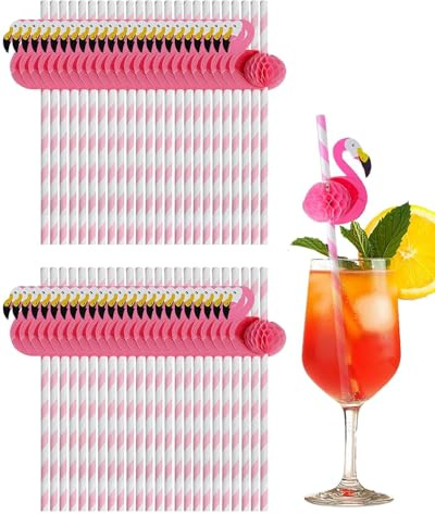 LONZIKP Cannucce Flamingo 3D Biodegradabili, 50 Pezzi per Cocktail, Feste Estive & Hawaii, Compleanni – Decorazioni Tropicali Divertenti