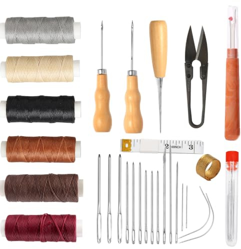 BINJCE Kit Couture Cuir 48 Pièces – Aiguilles, Fil Ciré 6 Couleurs & Alêne, Outils pour Réparation et Couture Manuelle, Siège Auto, Chaussures, Sac
