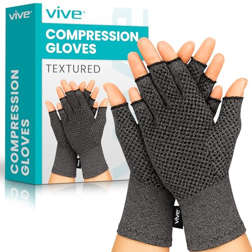 Vive Arthritis Gloves with Grips - Men & Women Textured Fingerless Compression - Open Finger Hand Gloves for Rheumatoid and Osteoarthritis - Arthritic Joint Pain Relief for Computer Typing (Large)