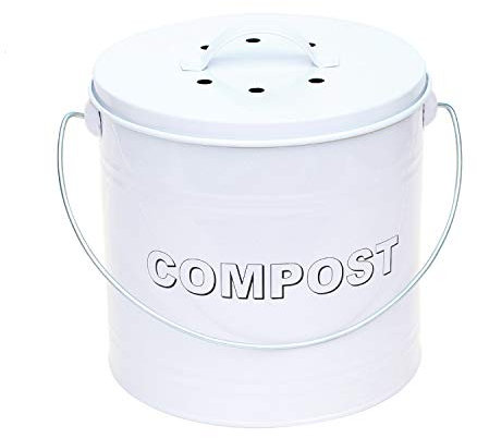 8L 8 Litre Vintage Style Galvanised Compost Food Waste Recycling Bin Caddy - White - with Odour Absorbing Filter - 21cm (H) x 21cm (Dia)