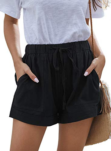 HVEPUO Linne- och bomullsshorts för damer, med elastiskt band, hotpants för sommaren, breda och korta byxor, B-Svart, M