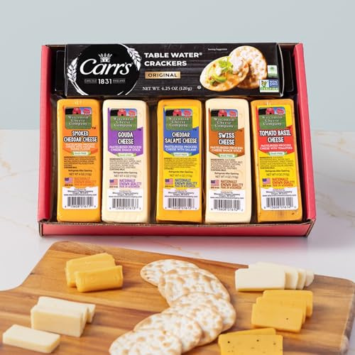 Wisconsin Cheese Company - Specialty Wisconsin Cheese & Cracker Gift Box - 100% Wisconsin Gouda, Smoked Cheddar, Salami, Tomato Basil Cheddar, Swiss (Pack of 5 Blocks) | Perfect for Parties, Charcuterie Boards, and Holiday Gifts