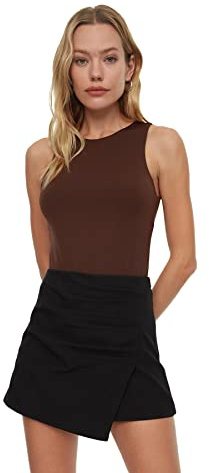 Trendyol Blusa Tejida Ajustada con Cuello Redondo para Mujer Camisa, marrón Oscuro, XS