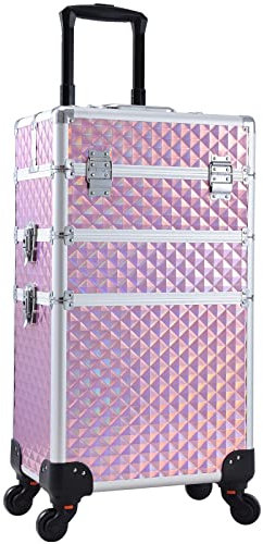Adazzo 3 in 1 Professional Rolling Makeup Train Case Aluminum Trolley Case with 360° Rotation Wheels for Makuep Artist Cosmetic Suitcase Organizer with Lock and Key Diamond Pattern - Pink