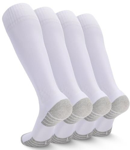 Ultrafun 4 Pairs Soccer Socks Men Youth Kids Cushioned Knee High Team Sports Football Socks (US, Alpha, Large, White)