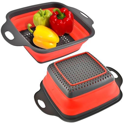 Passoire carrée pliable avec poignées - Passoire de cuisine carrée en silicone rouge avec poignées en plastique - Passoire de cuisine pliable parfaite pour égoutter les pâtes, les légumes et les