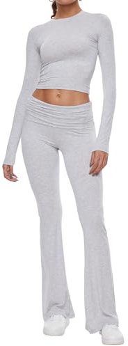 AnotherChill Women's 2 Piece Lounge Sets Fold-over Flare Pants Set Long Sleeve Cropped Top Casual Outfits Pajamas, Light-gray, S