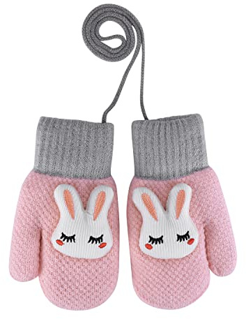 Kids Winter Thermal Gloves Mittens Toddler Thick Warm Knitted Gloves Cute Animal Full Finger Mittens Children Plush Lined Gloves Hanging Neck Mittens with Anti-Lost String for Boys Girls Age 4-8