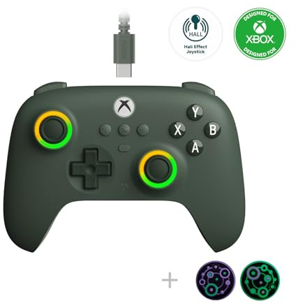 8Bitdo Ultimate C Hall Effect Joysticks/Hall Trigger Wired Controller with RGB Lighting Fire Ring, 3.5mm Audio Jack for Xbox Series X|S, Xbox One, Windows 10/11 - Officially Licensed (Dark Green)