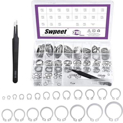 Swpeet 211Pcs 21 Sizes M4-M28mm Stainless Steel C-Clips External Circlip Snap Retaining Clip Rings with Tweezers Assortment Kit, Circlip Retainer Rings Set for Axles, Shafts and Other Moving Parts