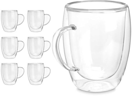 Juego de 6 tazas de Doble Pared de Borosilicato | Tazas térmicas para Bebidas Calientes y Frías | Tazas de Té, Café, Capuccino | Set completo de 6 vasos - Cristal Termico y Ligero (Tea - 343 ml)