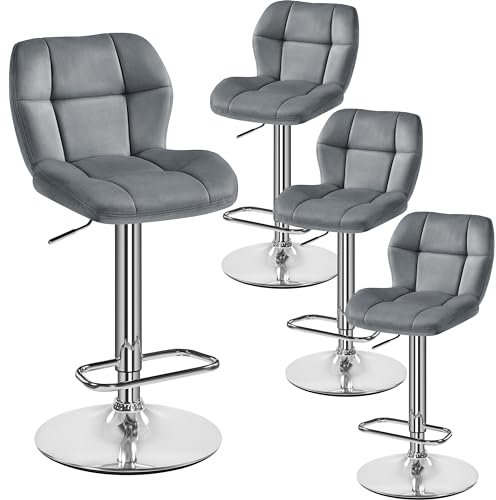 Yaheetech Barhocker 4er Set Höhenverstellbar 360°Drehbar Barstühle Küchenstühle mit Rückenlehne und Fußstütze Barstuhl aus Samt Sitzhöhe 62,5 cm - 84,5 cm für die Küche, Dunkelgrau