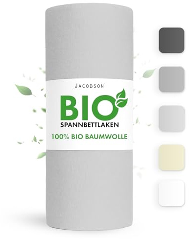 Jacobson Bio Spannbettlaken 120x200cm Baumwolle Spannbettlaken, GOTS zertifiziertes Bettlaken, 160g/m² Jersey Spannbetttuch (120x200, Hellgrau)