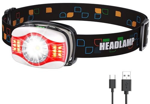 Glangeh Stirnlampe LED Wiederaufladbar mit 1200 mAh Akku, Superhell Kopflampe mit weiß- und Rotlicht 6 Lichtmodi, IPX4 Wasserdichte, 45° Verstellbare Lauflampe für Joggen, Angeln, Wandern & Laufen