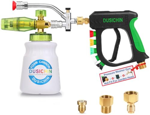 DUSICHIN Pressure Washer Gun Foam Cannon Dual Connector Shift Valve, Car Wash Foam Cannon Kit 1/4 Inch Quick Connector 5 Pressure Washer Nozzle Tips Build-in Design Work with A Pressure Washer DUS2703