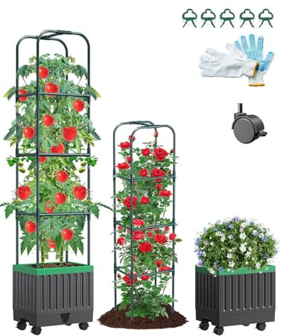 Rankhilfe Obelisk mit Blumenkasten auf Rollen, 174cm Selbstbewässerung Tomatentopf Hochbeet Pflanzkasten für Kletterpflanzen zum Klettern Garten Obelisk Tomatenturm für Patio Gewächshaus Gartenarbeit