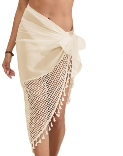 Ouruikia Sarong Pareo damer chiffong fransar strand linda bikini täcka upp urholkning multifunktionell strandkjol, Beige, En Storlek