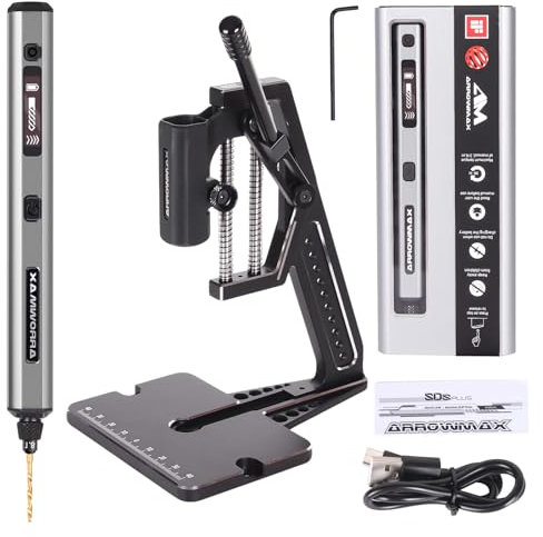 ARROWMAX 5-Speed Mini Electric Drill Pen with Benchtop Press, 10 Small Bits with Aluminium Box, LED Lights, OLED Display, Resin Drill Set for Jewelry Making, Plastic, Wood