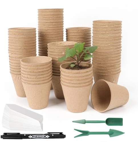 Lot de 100 pots de semis ronds biodégradables de 8 cm | Petits pots de fleurs pour commencer les graines | Pots compostables pour légumes, herbes et fleurs | Essentiels de jardin et de serre