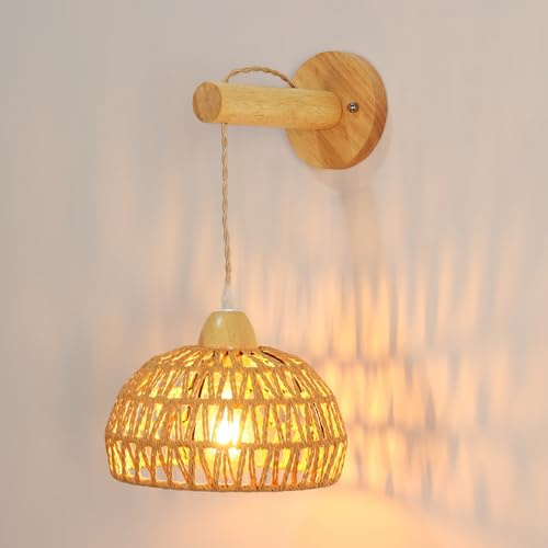 Mckalen Lámpara de Pared de Madera, E27 Aplique Pared de Ratán Retro, E27 Luz de Pared con Cuerda Ratán de Lámpara Jaula Estilo con Dormitorio Sala de Estar Cocina Pasillo, Máx 60w (Sin Bombillas)