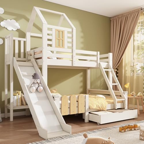 Solid Wood Bunk Bed with Slide&Drawer&Ladder&Window, 3FT Single 4FT6 Double Bunk Beds Tree House Bed Children's Bed with Guardrail&Slats, Three Sleeper Loft Bed Frame for Kids Teens Adults, White