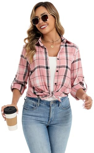 Famrrifuu Donna Classico Bluse e Camicie Quadri Flanella Camicetta Manica Lunga Casual Cotone Shirts Vintage, Rosa, L