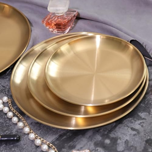 Eawfgtuw Vassoio rotondo in metallo dorato per gioielli e cosmetici, decorazione e organizzazione della scrivania, diametro da 14 cm a 34 cm, colore oro (26 cm)