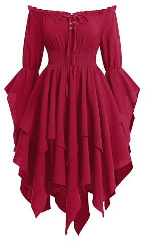 IBAKOM Robe Médiévale-Victorienne Renaissance pour Femme : Robe Fluide à Volants, Ourlet en Pointe Irrégulier, Vintage Déguisements épaules dénudées, Costume Gothique