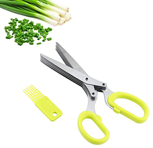 Tijeras de cocina de 5 capas de acero inoxidable para alimentos, tijeras de hierba de cebolleta rallada sushi(Amarillo)