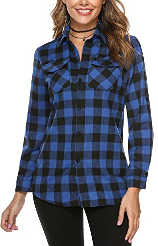 Totatuit Flannel Checked Shirts Womens Classic Long Sleeve Plaid Shirt | Ladies Blouse V Neck Button Down Checked Shirt with Pocket Classic Design Adjust Sleeves Soft Feel, Flexible And comfortable