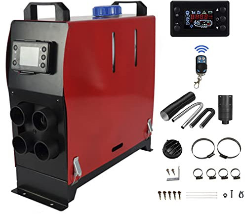 Chauffage Diesel 24V 5KW Réchauffeur D'air Diesel avec Télécommande Interrupteur LCD, Chauffage Stationnaire Diesel Tout-en-un pour Camion, Voiture, Camping-Car, SUV,Rouge,4 Holes