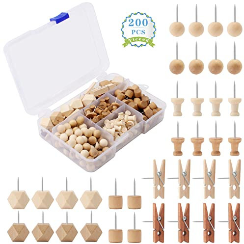 Ticeed 200 Stück Pinnadeln Holz Pins Nagel Pinnwandnadeln Heftzwecken Reißzwecken Stecknadeln mit Aufbewahrungsbox Drücken Reißnägel für Korkplatte Landkarte Fotos Handwerk (8 Stile)