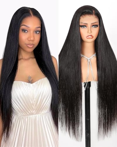 MEGALOOK Upgraded Bleached Knots Straight Lace Front Wigs 200% Density Brazilian Virgin Human Hair 13x4 HD Pre Cut Lace Frontal Wigs for Black Women Glueless Wigs Natural Black 18 Inch