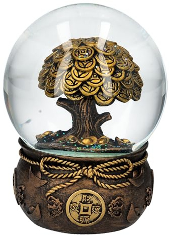 Glücksbringende Geldbaum Schneekugel, Feng Shui, 13,5 cm - Bronzefarben, Chinesische Münzen, Glücksbringer Figur