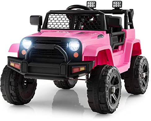 COSTWAY Coche Eléctrico para Niños 12V, Vehículo Todoterreno Eléctrico con Control Remoto, Asiento Extra Grande, Suspensión de Resorte, Faros Brillantes, Música, Puerto USB y Auxiliar (Rosa)