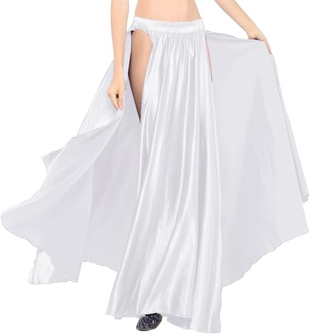 MUNAFIE Jupe longue avec fente - Jupe de danse du ventre - Jupe en satin pour femme - Costume de danse du ventre, Blanc., taille unique