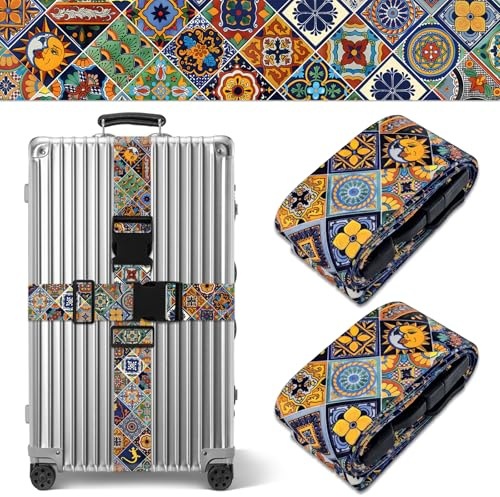 Boho Luggage Straps for Suitcases TSA Approved, Luggage Identifiers for Suitcase, Adjustable Suitcase Strap for Baggage Security with Cute Patten, Travel Necessary Accessories (2Pack)